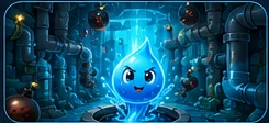 Water-drop character inside a blue drainage chamber with bomb hazards