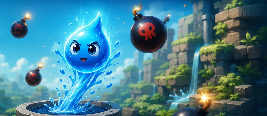 Blue water-drop game character rising through a drainage world while avoiding bombs