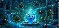 Blue drainage chamber with water character and bombs